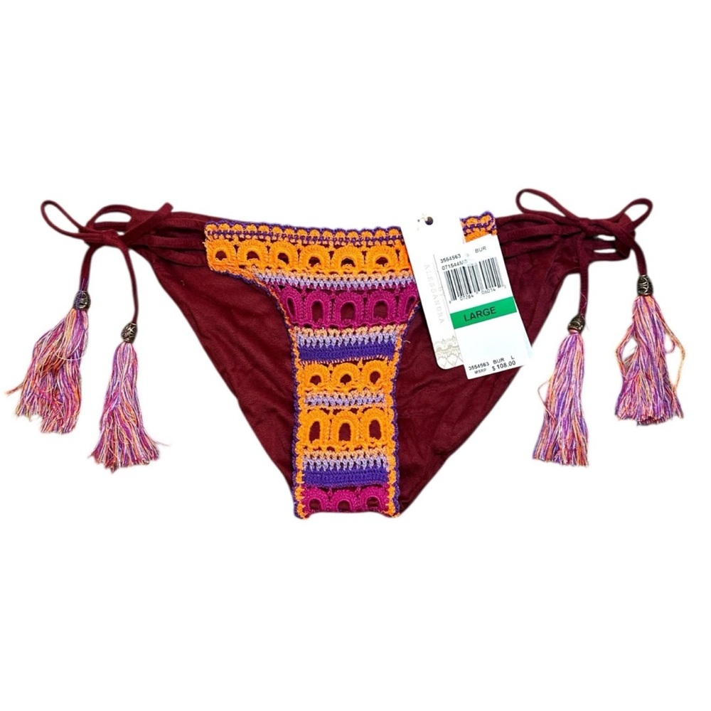 $108 Ale Alessandra Crochet Bikini Bottom Large 10 12 Burgandy Tassels Swim NWT